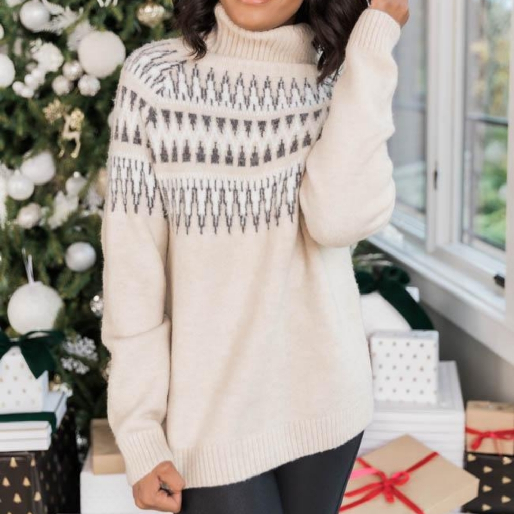 Pink Lily Cream and Black fair Isle Turtleneck Sweater